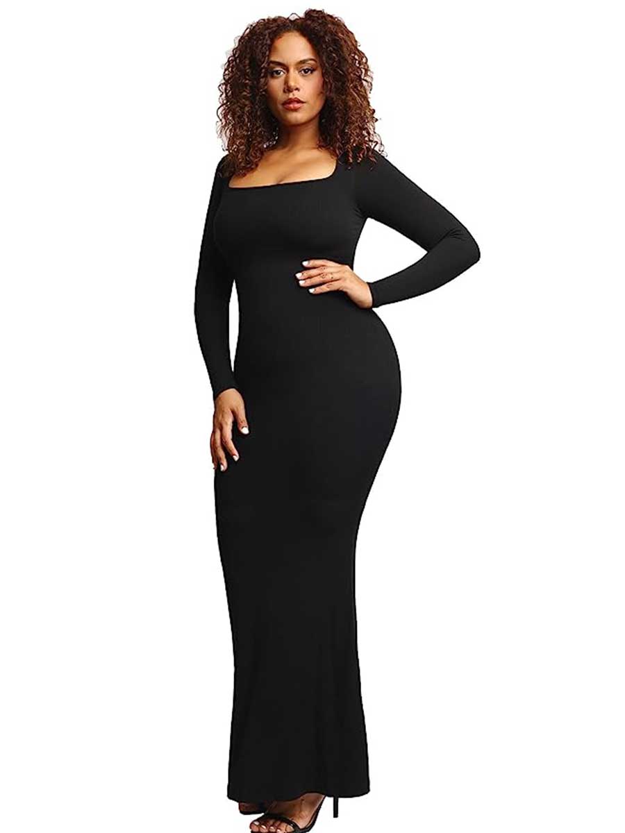 Amazon SKIMS dress dupe, black long sleeve ribbed maxi dress with square neck