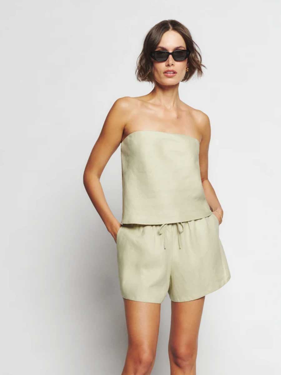 The Reformation green dried herbs spritz linen sleeveless tube top for summer
