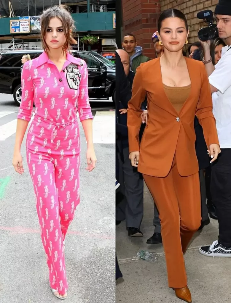 Selena Gomez color analysis copy Selena Gomez wearing a pink jumpsuit next to her wearing a rust orange suit that complements her skin tone