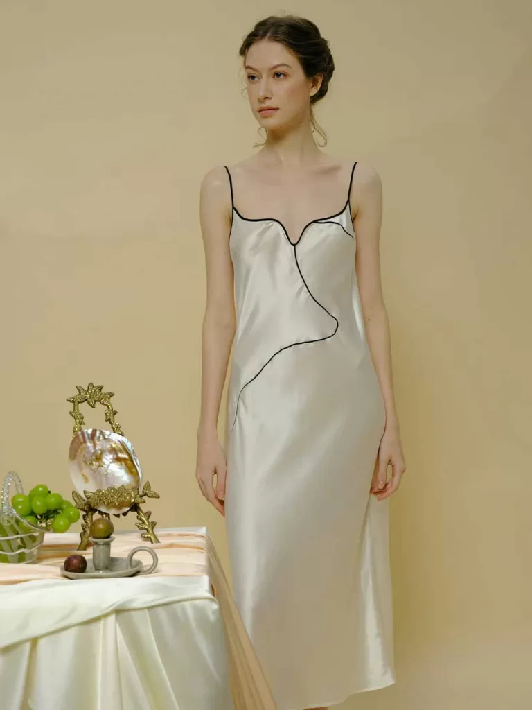 Not Just Pajama cream and black lined slip lounge midi dress