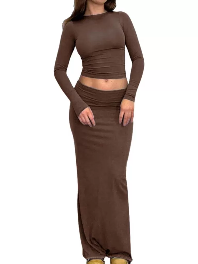 Long sleeve brown top and brown maxi skirt set from amazon