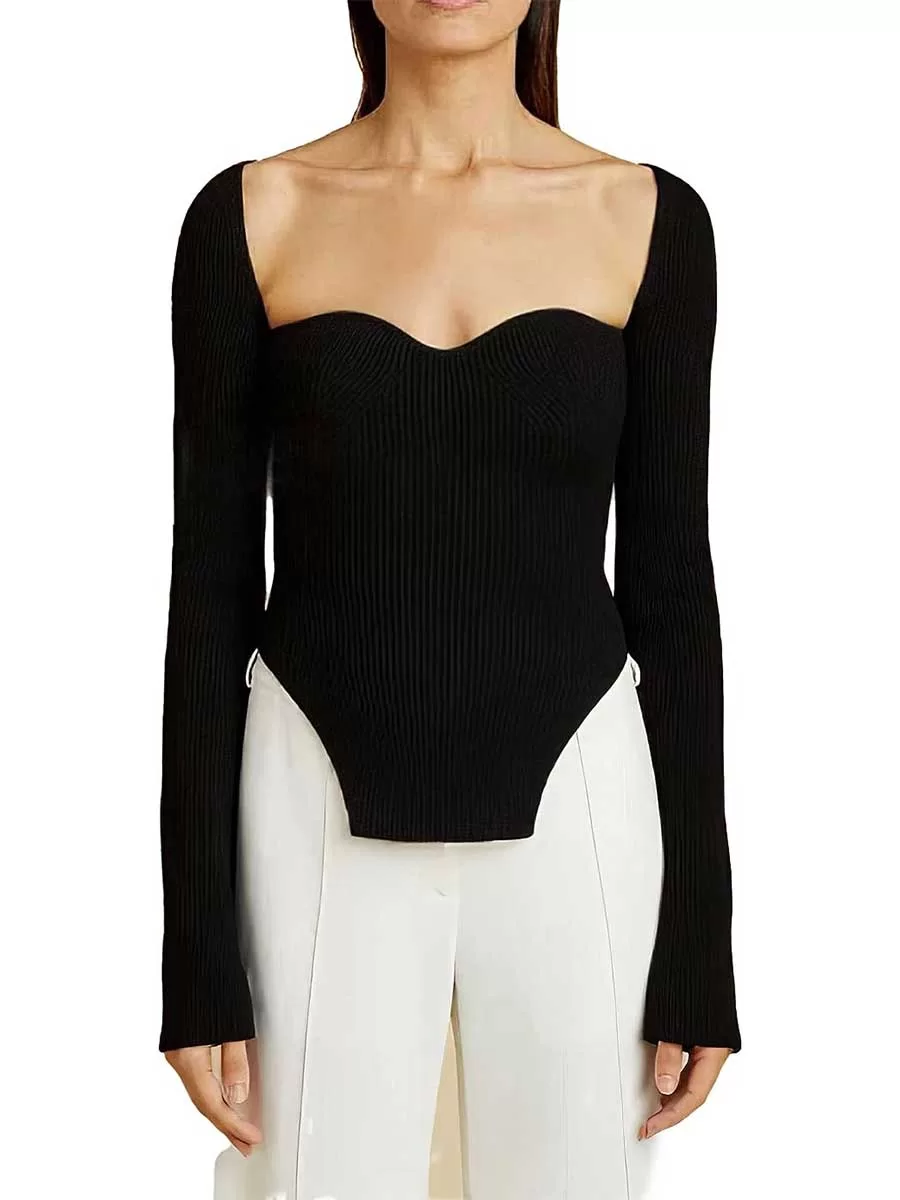 Dressy ribbed black sweetheart neckline sweater from amazon