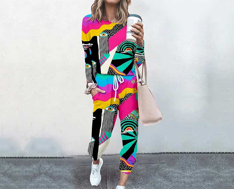 Loud-Geometric-Outfit Loud colorful geometric print jogger tracksuit outfit