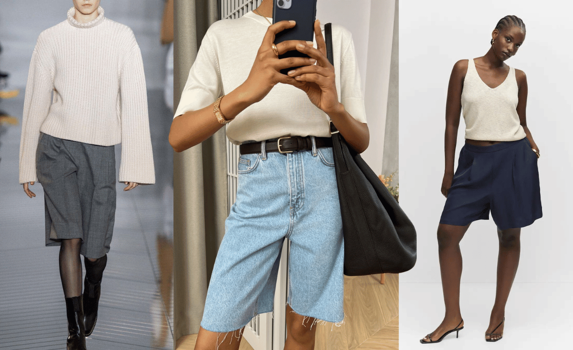 Grey trouser bermuda shorts with white turtleneck sweater; lightwash denim bermuda shorts with white tee and black belt; navy trouser bermuda shorts from Mango with white v-neck sleeveless top