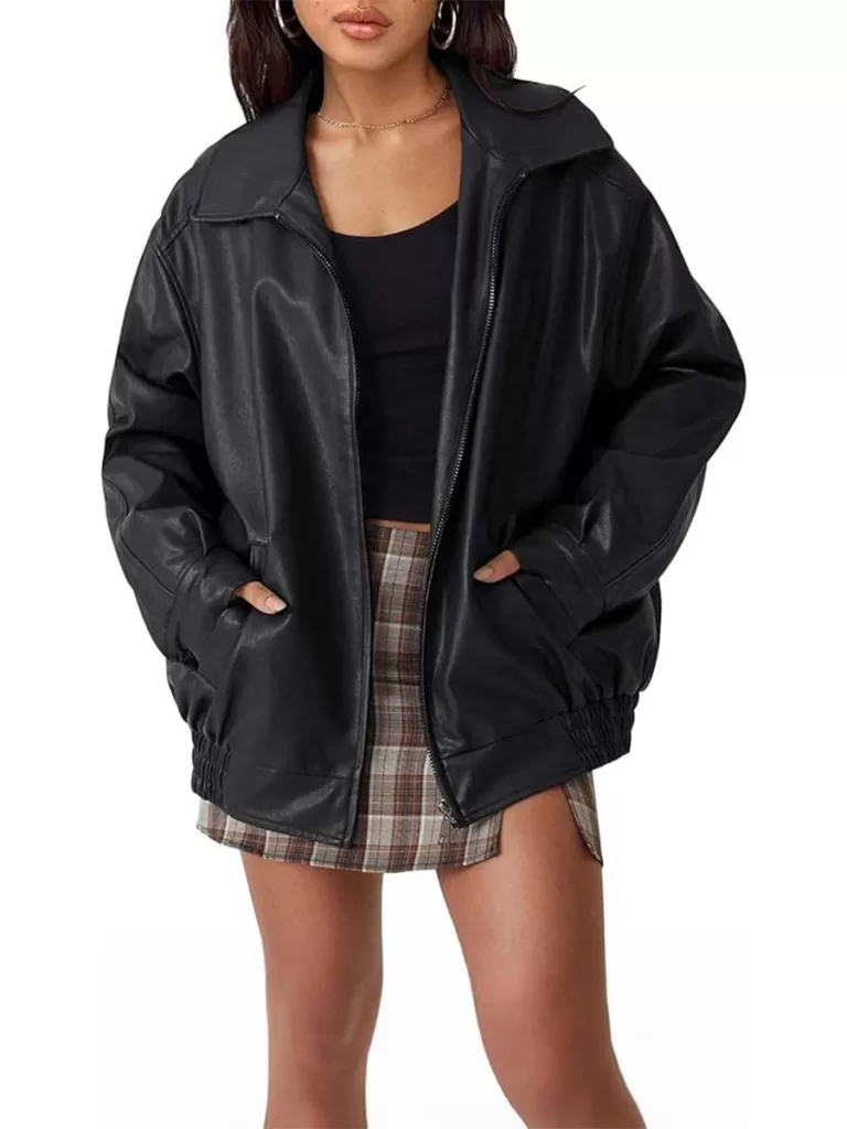 women's oversized black leather bomber jacket from amazon