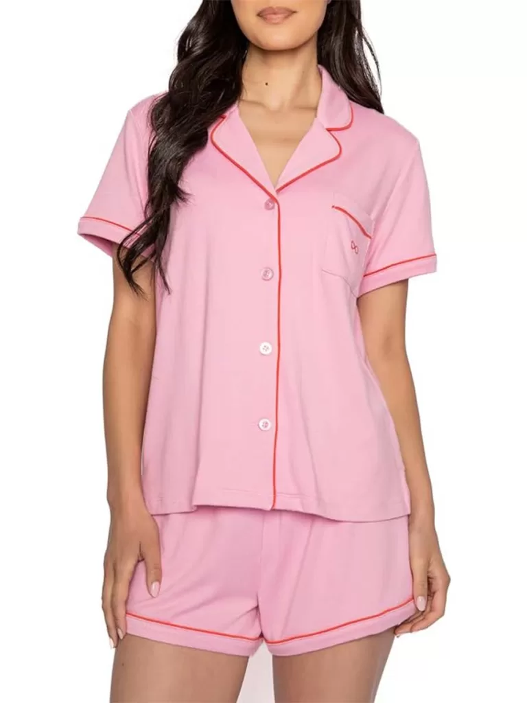 Pink and red outline short sleeve button up shirt and shorts pj set by Pj salvage on amazon