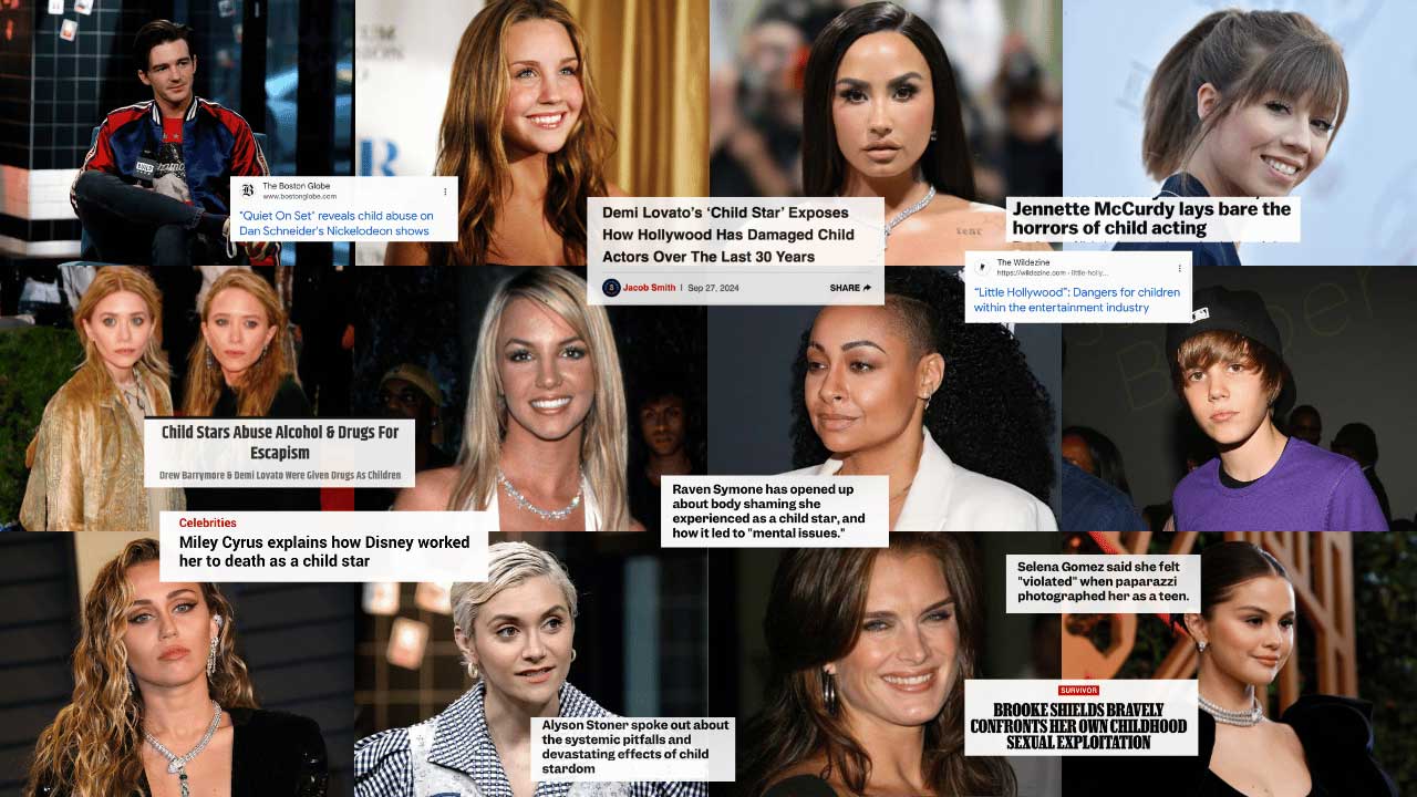 Celebrity Child Stars on Abuse (Miley Cyrus, Demi Lovato, Selena Gomez, Brooke Shields, Justin Bieber, Olsen twins, Raven Symone, Amanda Bynes, Britney Spears, Drake Bell, Alyson Stoner) Former child stars who have spoken about exploitation and abuse: Drake Bell, Amanda Bynes, Demi Lovato, Jennette McCurdy, Mary Kate and Ashley Olsen, Britney Spears, Raven Symone, Justin Bieber, Miley Cyrus, Alyson Stoner, Brooke Shields and Selena Gomez