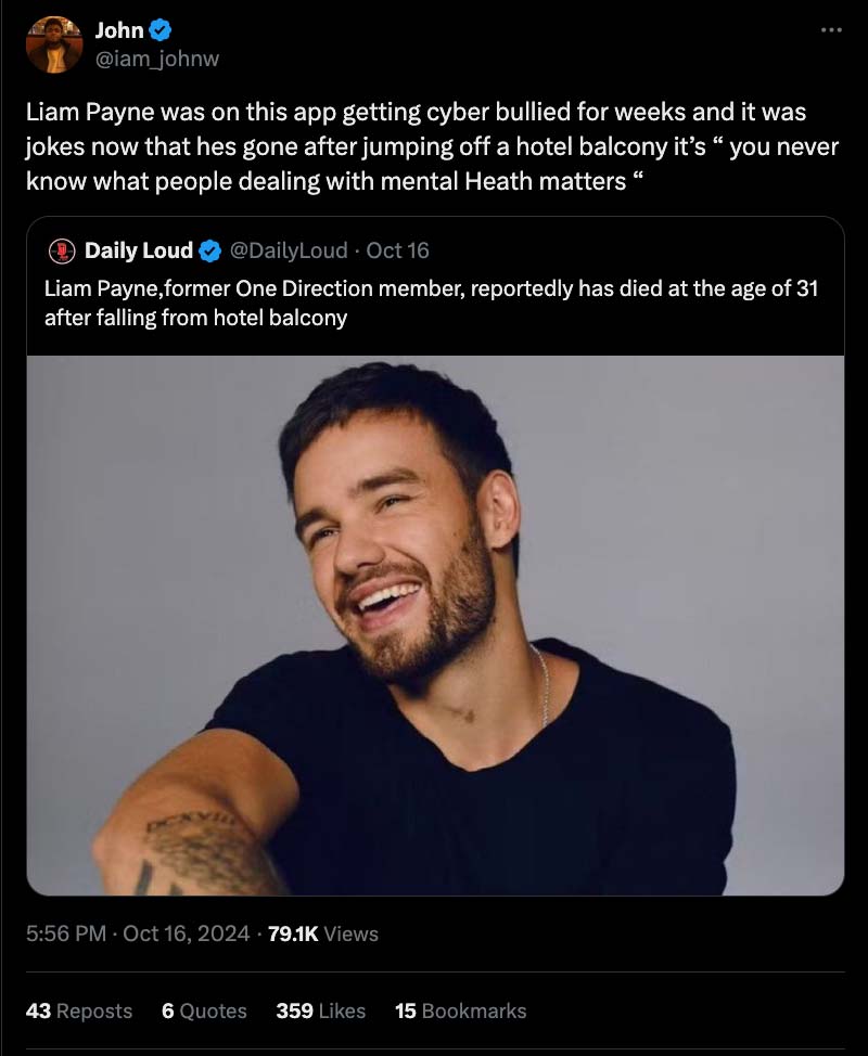 Liam-Payne-was-bullied-tweet Screenshot of tweet from twitter user calling out hypocritical users that bullied Liam Payne before mourning his death
