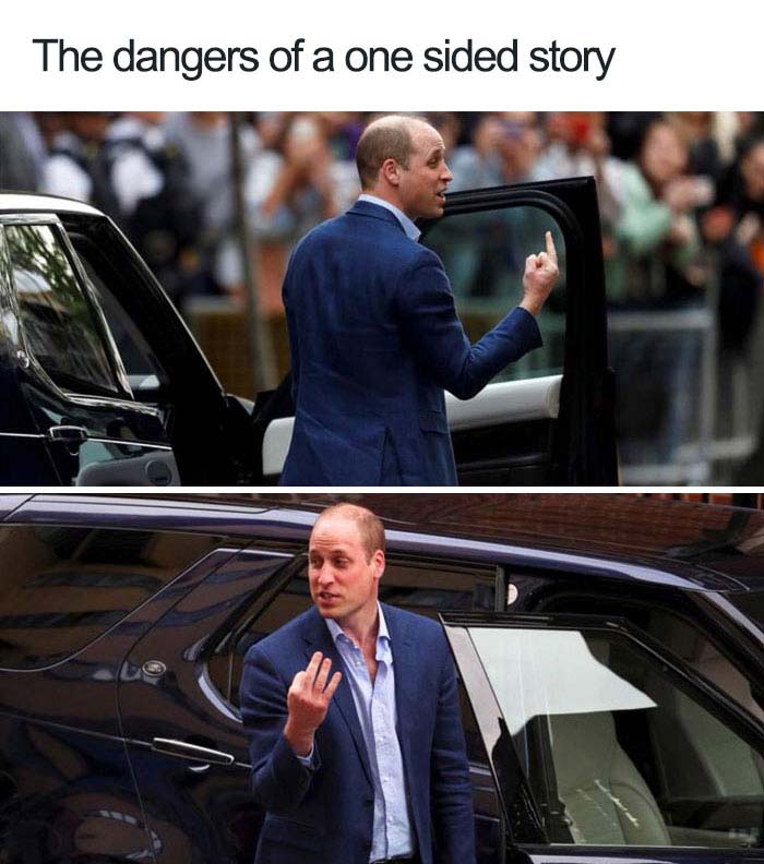 Prince-William-Media-Manipulation-Photo Media manipulation photo example of Prince William that looks like he is flipping off the camera; another photo of the same moment from a different angle, showing that he is holding up three fingers