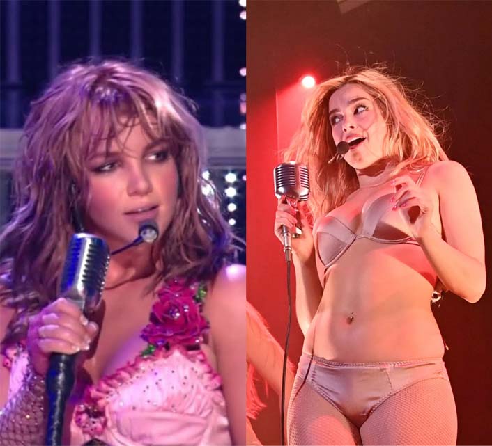 Britney Spears performing a jazz version of "baby one more time" and Addison rae performing a jazz version of "high fashion"
