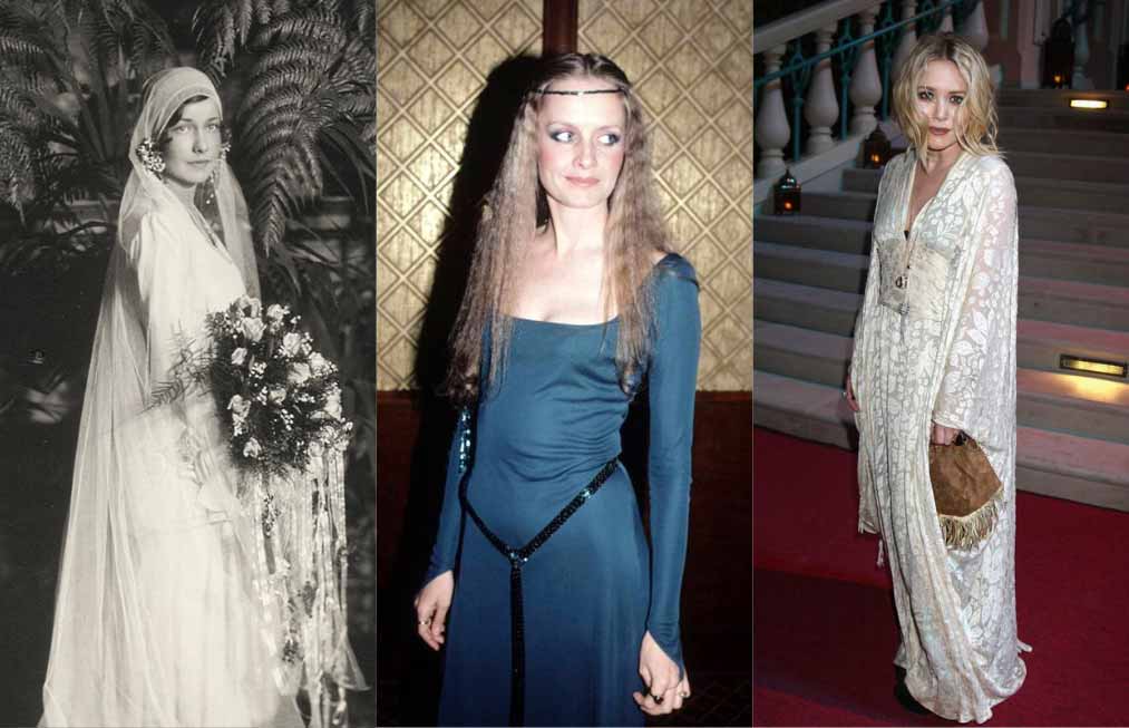 A 1920s bride, British model Twiggy, and Mary Kate Olsen wearing Renaissance-inspired bohemian fashion.
